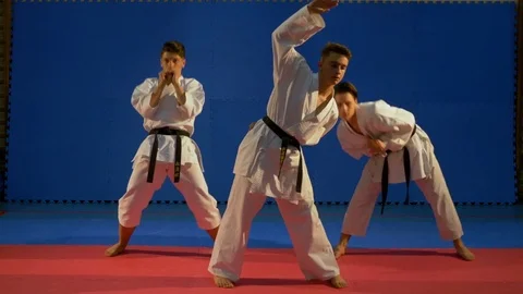 Boys doing warm up and stretching muscles before karate training Stock Footage 76538008