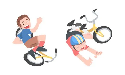 Boys falling down from bicycle set cartoon vector illustration Stock Illustration