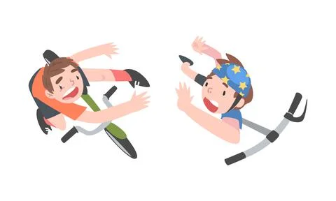 Boys falling down from kick scooter and bicycle, top view cartoon vector Stock Illustration