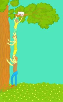 Boys Get a Cat Out of Tree Stock Illustration