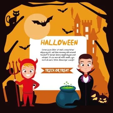 Boys in halloween vampire and devil costume with banner vector design 스톡 일러스트