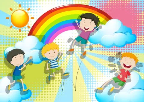 Boys jumping up in the sky Stock Illustration