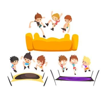 Boys jumping on trampoline, happy bouncing kids having fun on trampoline vector Stock Illustration