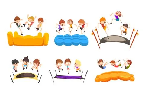 Boys jumping on trampoline, happy bouncing kids having fun on trampoline vector Stock Illustration