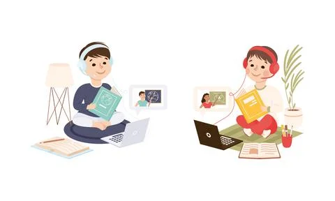 Boys learning online using laptop computer and headphones set. Schoolkids at Stock Illustration