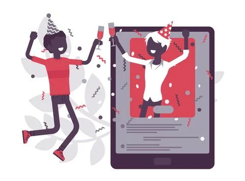 Boys meet up virtually by tablet to enjoy online party Stock Illustration