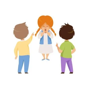 Boys mocking and pointing at a crying girl, bad behavior, conflict between kids Stock Illustration