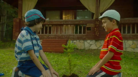 Boys plant pine tree making smooth surface of ground Stockbeeldmateriaal 296578976