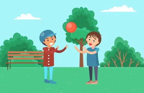 Boys play with a ball while walking on the street. Children spend time outdoors Illustrazione stock