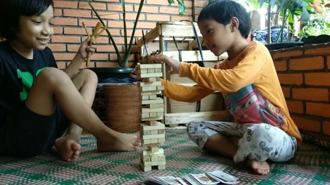 Boys Play Stacking Blocks Stock Footage 158443905