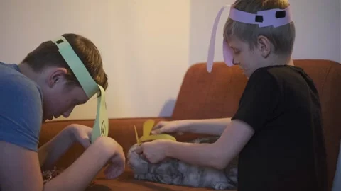 Boys playfully putting bunny ears on cat, funny Easter moment, family laughter Stock Footage 336669085