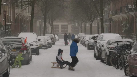 Boys playing with a sled during snowfall in Amsterdam, Netherlands. Stock Footage 148270582