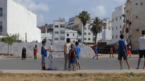 Boys playing soccer in Casablanca, Morocco, Africa in 4K Stock Footage