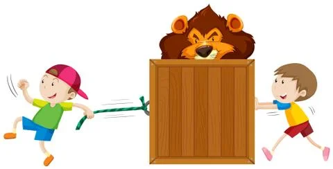 Boys pulling and pushing box of tiger イラスト素材