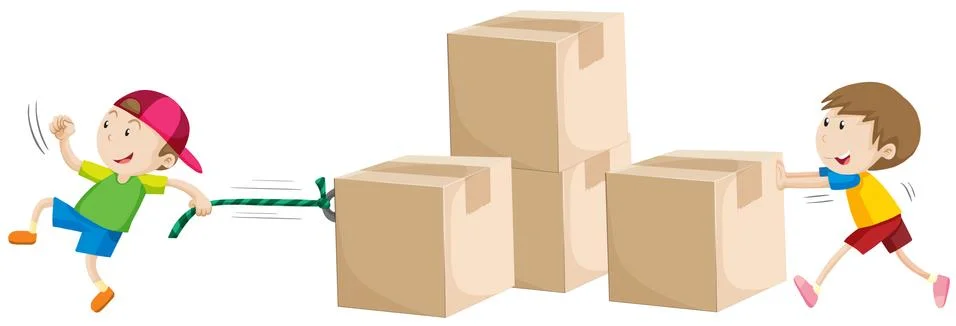 Boys pulling and pushing boxes Stock Illustration