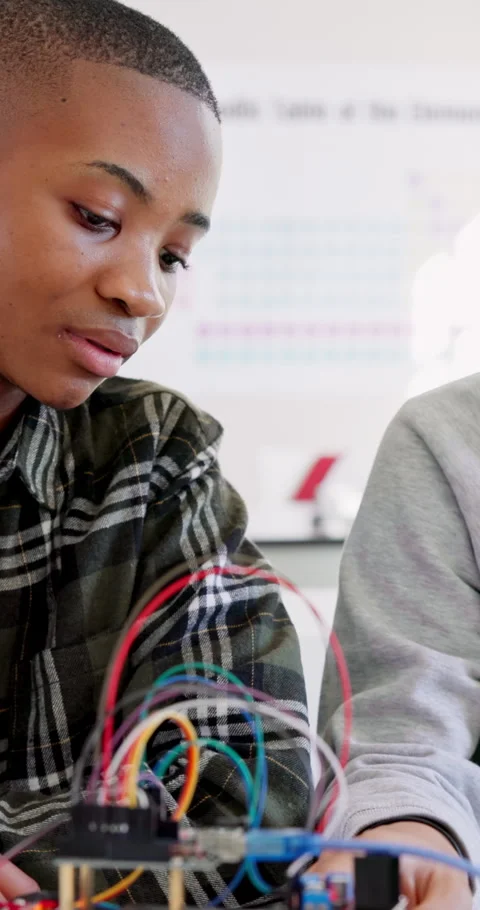 Boys, robotics and classroom in school for students, discussion or future Stock Footage 334041411