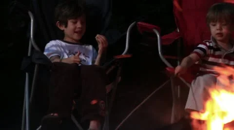 Boys sitting by CampFire Stock Footage 11050571