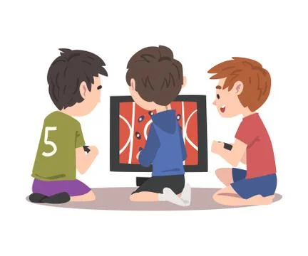 Boys Sitting in front of Computer Screen Playing Video Game, Children Having Fun Stock Illustration