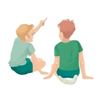 The boys is sitting with her back, pointing forward. With friend. Vector flat Stock Illustration