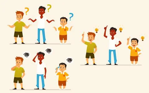 Boys thinking, puzzled and finding solution, flat vector illustration isolated. Stockillustratie