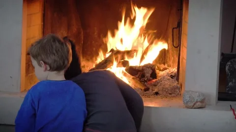Boys throwing pine cone in fireplace 動画素材 145227022
