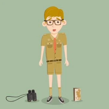 Boyscout with binoculars. Smart boy training to scout. Stock Illustration