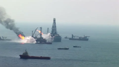 BP Oil Spill Source burning in the Gulf of Mexico Stock Footage 221960008