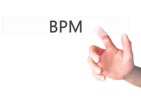 BPM (Business Process Management) - Hand pressing a button on blurred backgro Foto stock