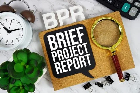 BPR - Brief Project Report acronym with calculator, alarm clock and magnify.. Stock Photos