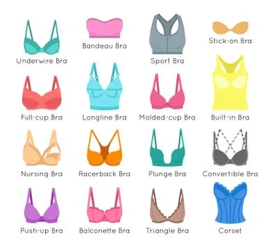 Bra design vector flat colorful icons set Stock Illustration