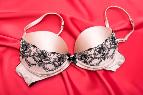 Bra on red satin. Stock Photos