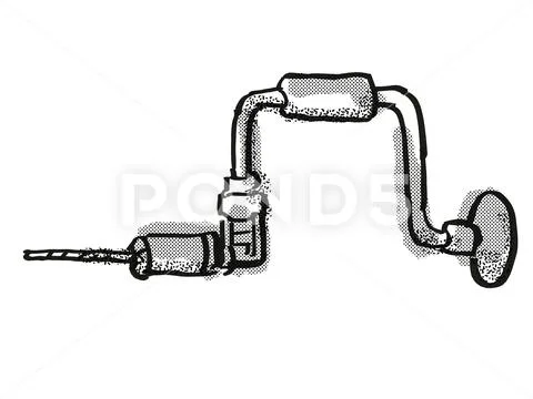 Brace Drill Woodworking hand Tool Cartoon Retro Drawing Stock Illustration