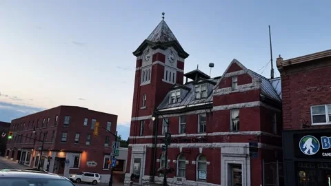Bracebridge Clock Tower from Moving Vehicle Stock Footage 344153687