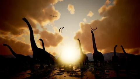 Brachiosaurus Dinosaur herd moving through shallow lake - Prehistoric Render Illustrazione stock