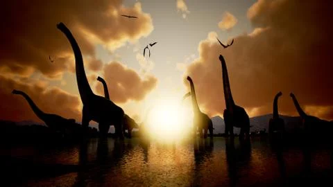 Brachiosaurus Dinosaur herd moving through shallow lake - Prehistoric Render Stock Illustration