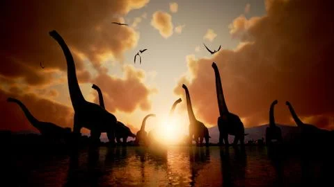 Brachiosaurus Dinosaur herd moving through shallow lake - Prehistoric Render Stock Illustration