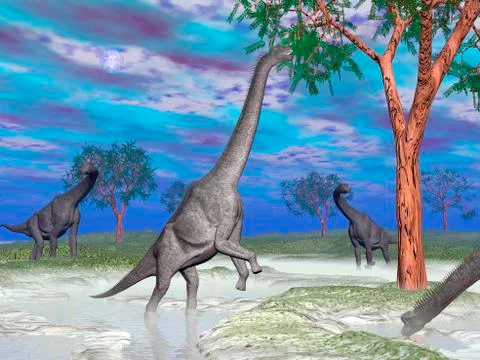 Brachiosaurus dinosaurs grazing on trees. Illustrazione stock
