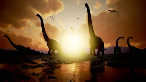 Brachiosaurus herd moving through shallow lake - Prehistoric Dinosaur Animation Stock Footage