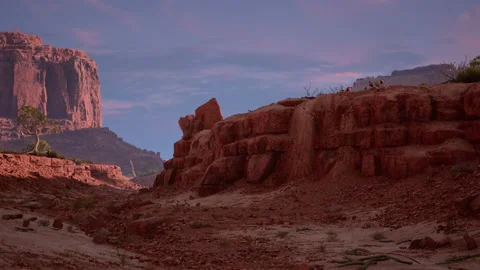 Brachiosaurus, sauropod walks down through the Canyon in the desert. Dinosaur 스톡 동영상 203713432