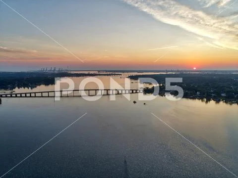 Bracketed and composited high dynamic range aerial photo of a sunrise Stock Photos