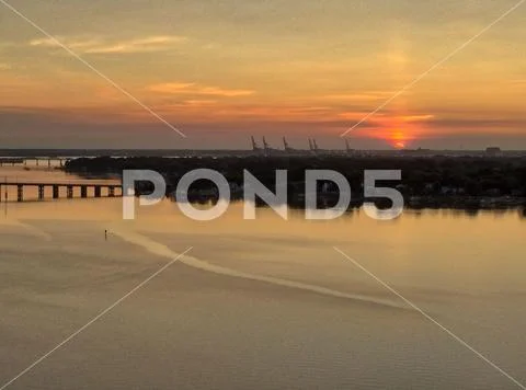 Bracketed and composited high dynamic range aerial photo of a sunrise Stock Photos
