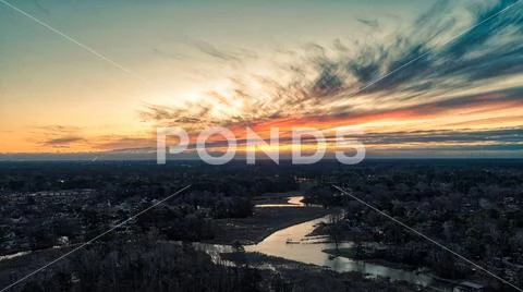 Bracketed and composited high dynamic range aerial photo of a sunrise Stock-Fotos