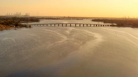 Bracketed high dynamic range aerial photo of bridge with animation Video stock 108673390