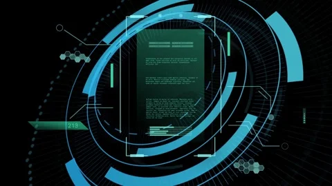 Brackets locking panel, activating HUD, rings rotating, ribbon updating showing Stock Footage 334788445