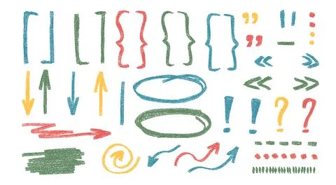 Brackets marks, arrow doodle set. Crayon underlines, quotation marks, ellipse Stockillustratie