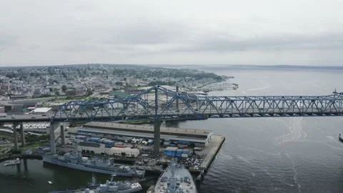 Braga Bridge Drone Aerial Cityscape, Fall River, Massachusetts Stock Footage