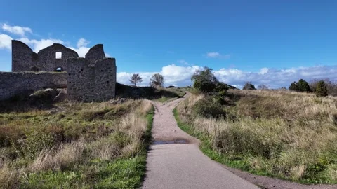 Brahehus Castle Ruin Path Through Dry Grass and Open Swedish Landscape Stock Footage 347677917