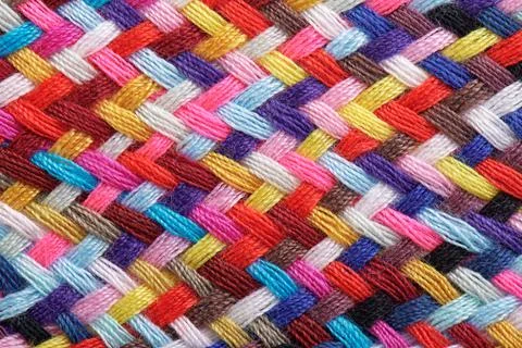 A braid of multi colored sewing threads, macro photography 스톡 사진