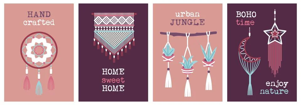 Braided boho decorations. Macrame posters, handmade items, ropes, loops and 스톡 일러스트