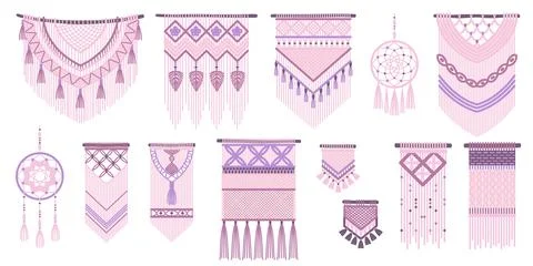 Braided boho decorations. Macrame wall hanging, woven interior elements, cozy Illustrazione stock